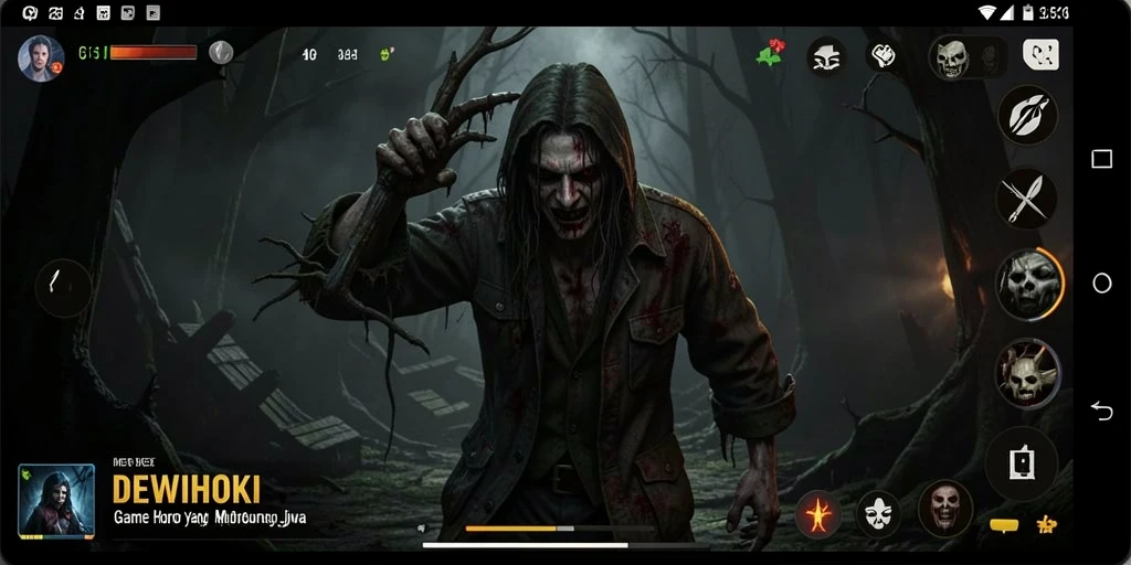 Tampilan gameplay <strong>DEWIHOKI</strong> dengan suasana horor yang mencekam.