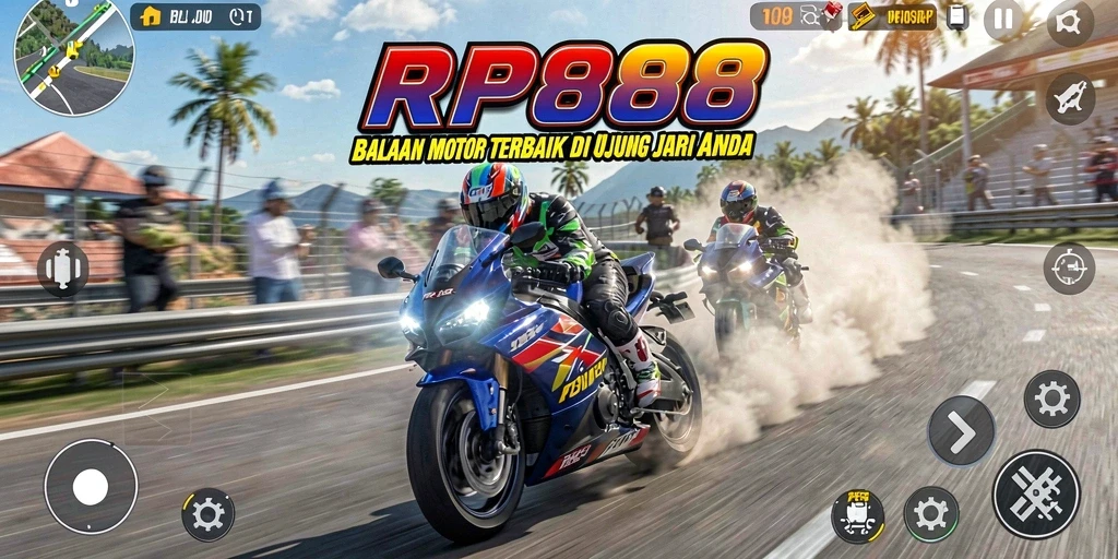 Tampilan gameplay RP888 yang mendebarkan dan seru saat balapan motor.