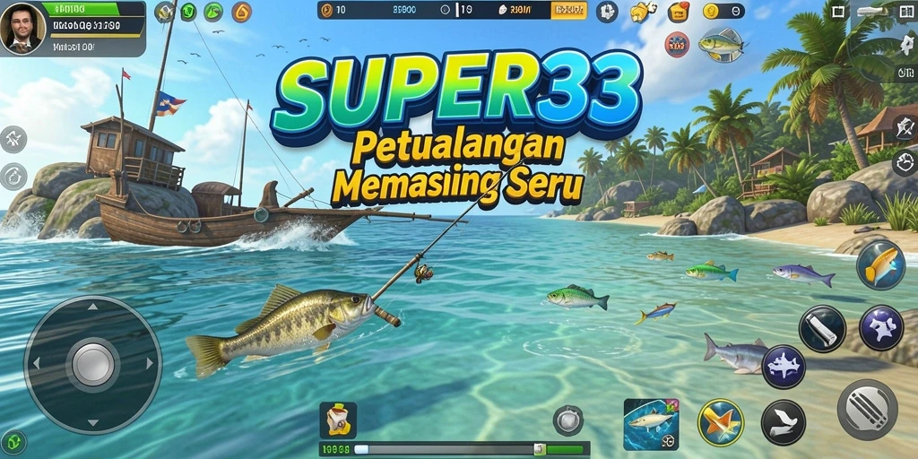 Screenshot SUPER33 menunjukkan gameplay memancing yang mendebarkan dan interaksi dengan lingkungan.